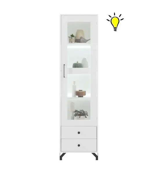 Úzká vitrína bjorn s osvětlením, skandinávský styl - bílá