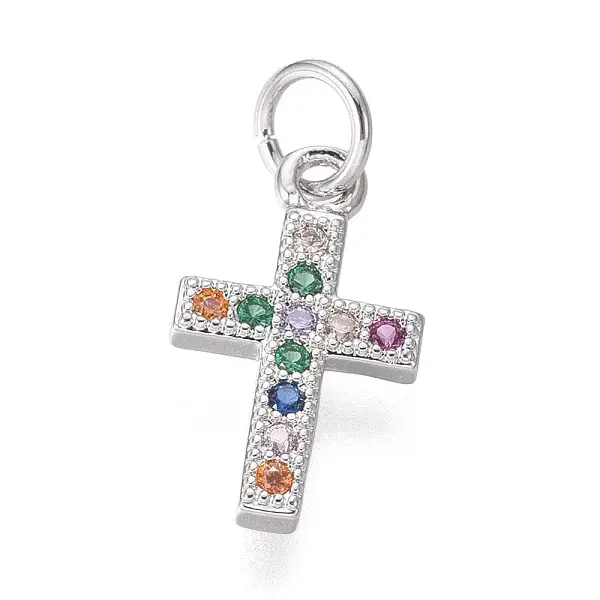 Brass Micro Pave Cubic Zirconia Tiny Cross Charms