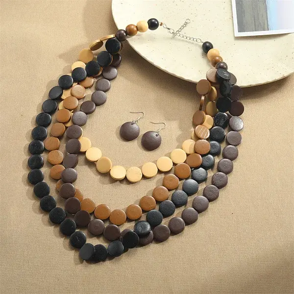 Flat Round Wood Beaded Multilayer Necklaces & Dangle Earrings Sets