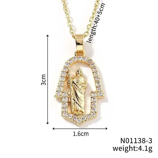 Shiny Brass Micro Pave Clear Cubic Zirconia Hollow Hamsa Hand Vintage Statue Pendant Necklaces