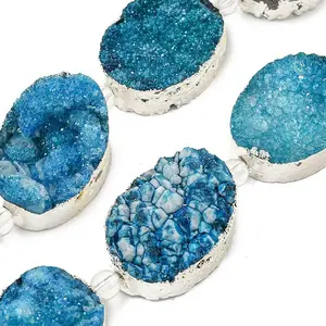 Silver Plated Dyed Oval Natural Drusy Quartz Crystal Beads Strands