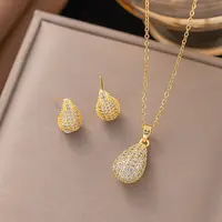 Brass Micro Pave Clear Cubic Zirconia Stud Earrings & Pendant Necklaces Sets