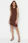 Trendyol Brown Crew Neck Fitted, Shirring Detailed Ribbed Flexible Mini Knitting Dress