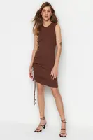 Trendyol Brown Crew Neck Fitted, Shirring Detailed Ribbed Flexible Mini Knitting Dress