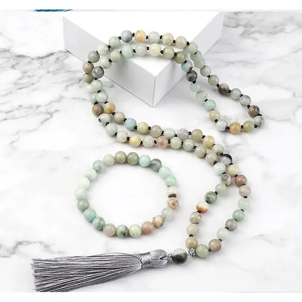 Natural Amazonite Round Beaded Pendant Necklaces & Bracelets Sets