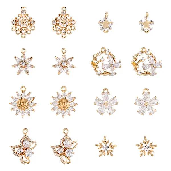 16Pcs 8 Styles Brass Micro Pave Cubic Zirconia Pendants