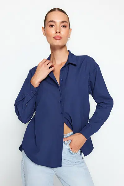 Trendyol Navy Blue Loose Fit bavlněná tkaná košile