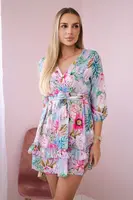 Floral dress with waist tie in purple color