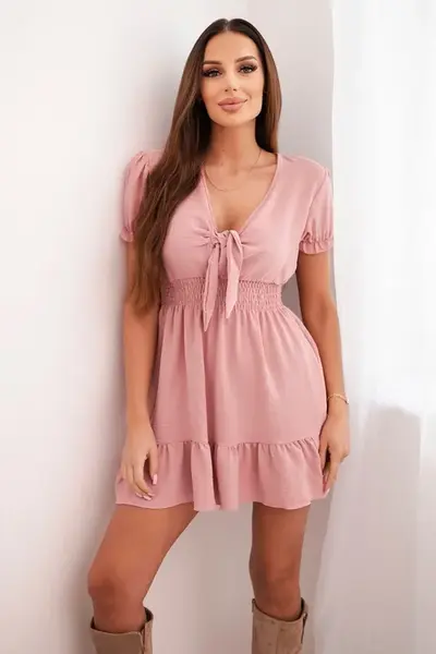 Dress with a tied V-neck in dark pink