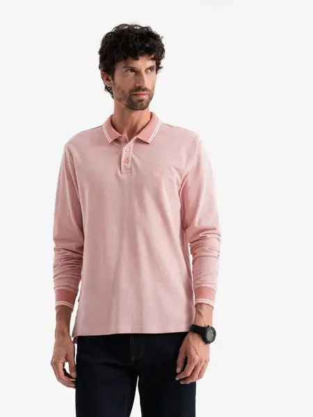 Ombre Men's melange polo longsleeve with embroidery - pink melange