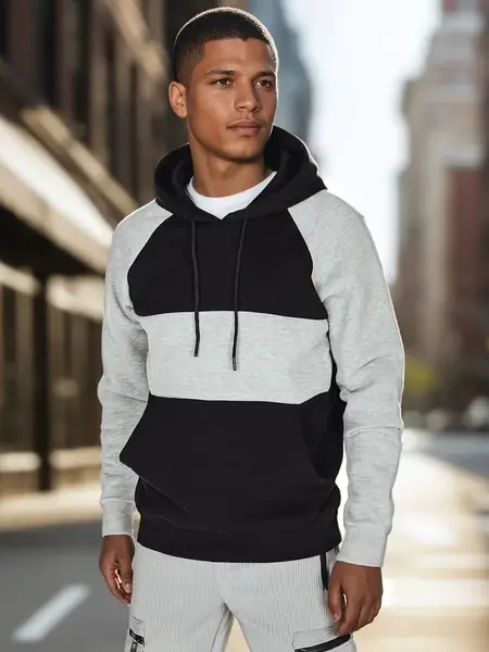 Pánska mikina s kapucňou v šedo-čiernych pruhoch