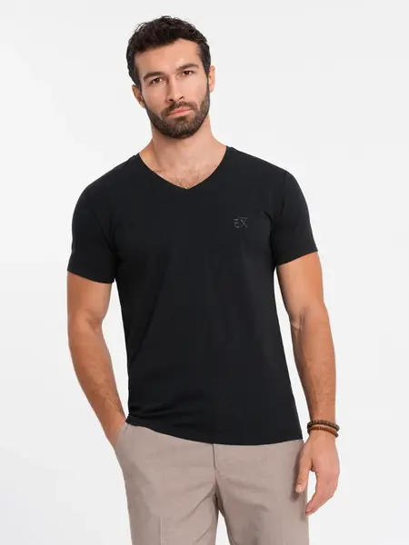 Ombre Men's V-neck SLIM FIT T-shirt with elastane and print - black