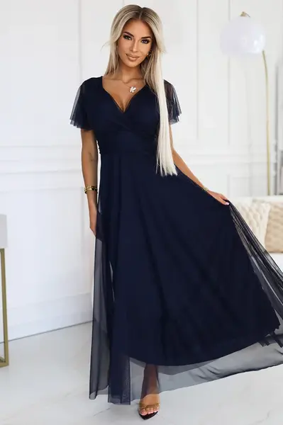 562-1 NASTIA Long dress with neckline and short sleeves - DARK BLUE