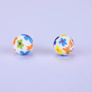 Printed Round with Flower Pattern Silicone Focal Beads