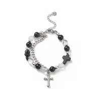 Natural & Synthetic Mixed Stone Beaded Bracelet with Cross Charm