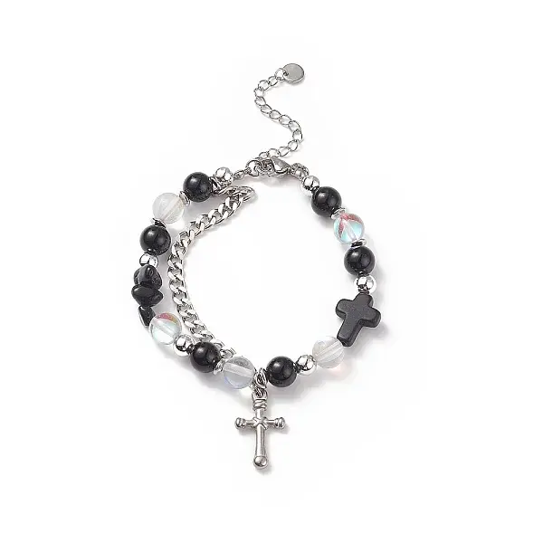 Natural & Synthetic Mixed Stone Beaded Bracelet with Cross Charm