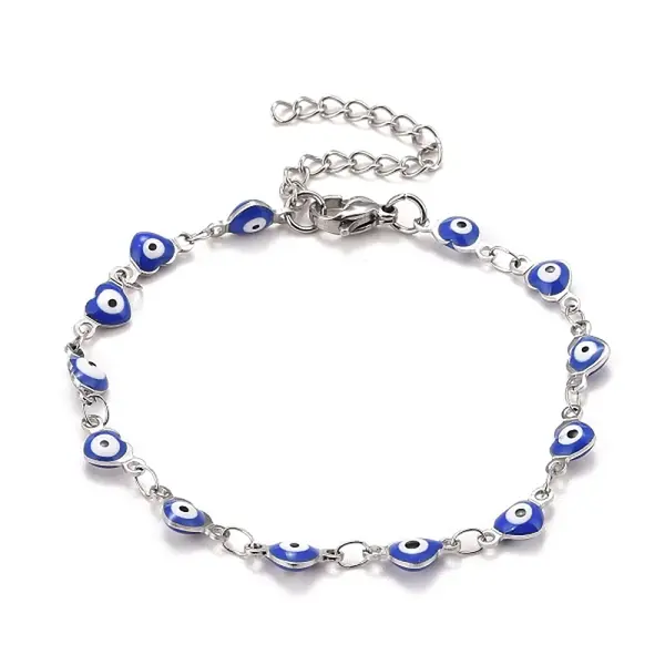 Enamel Heart with Evil Eye Link Chains Bracelet