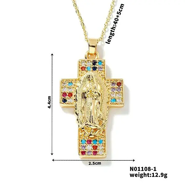 European and American Brass Pave Cubic Zirconis Virgin Mary Cross Pendant Necklaces