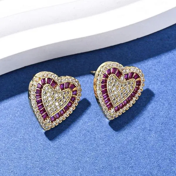 Brass Micro Pave Cubic Zirconia Heart Stud Earrings
