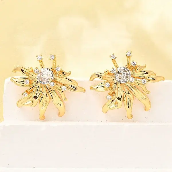 Flower Brass Micro Pave Cubic Zirconia Stud Earrings