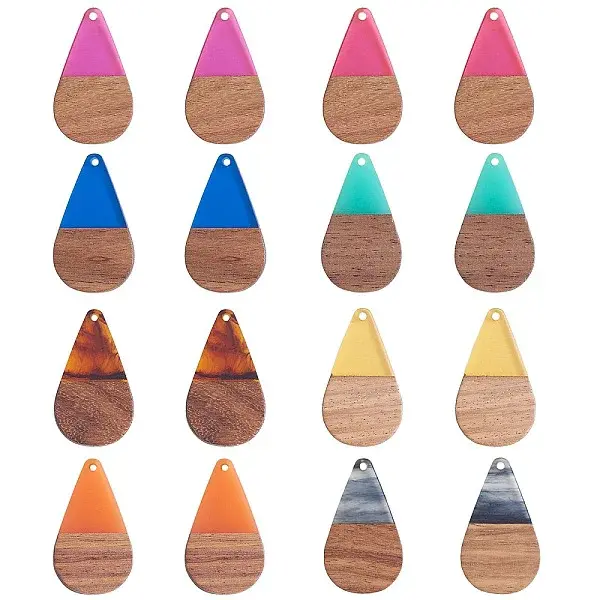 16Pcs 8 Styles Transparent Resin & Walnut Wood Pendants