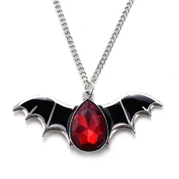 Halloween Themed Glass Bat Pendant Necklace with Enamel