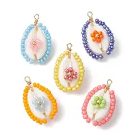 5Pcs 5 Colors Glass Seed Beads Copper Wire Wrapped Shell Pendants