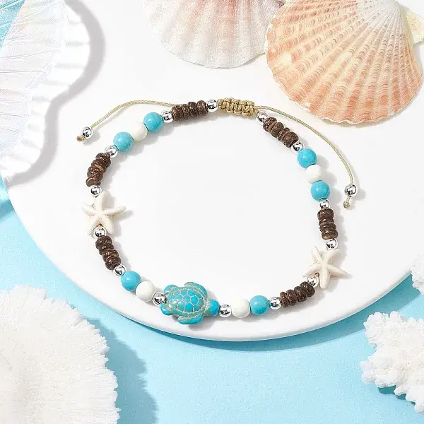 Starfish & Tortoise Synthetic Turquoise Braided Bead Anklets