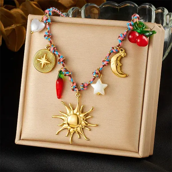 304 Stainless Steel & Plastic Hot Pepper Cherry Pendant Cotton Cord Necklaces for Women