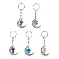 Natural & Synthetic Gemstone Chips Moon & Moon Alloy Pendant Keychain