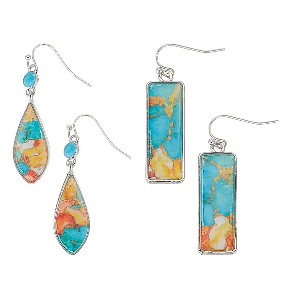 2 Pairs 2 style Teardrop & Rectangle Lampwork Dangle Earrings
