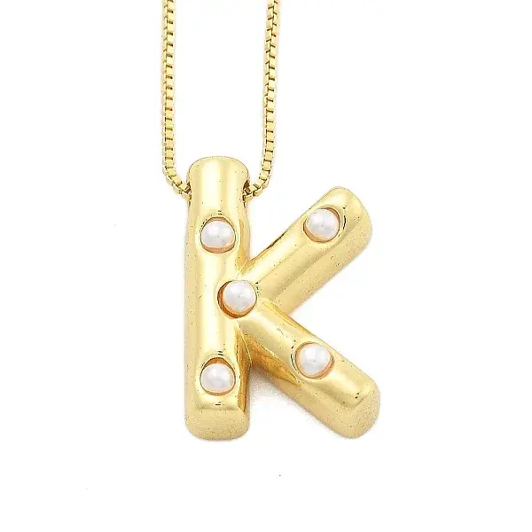 Brass & Plastic Pearl Letter Pendant Box Chain Necklaces for Women