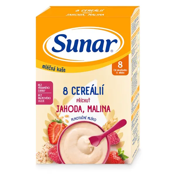 SUNAR Mléčná kaše 8 cereálií jahoda malina 8m+ 210 g