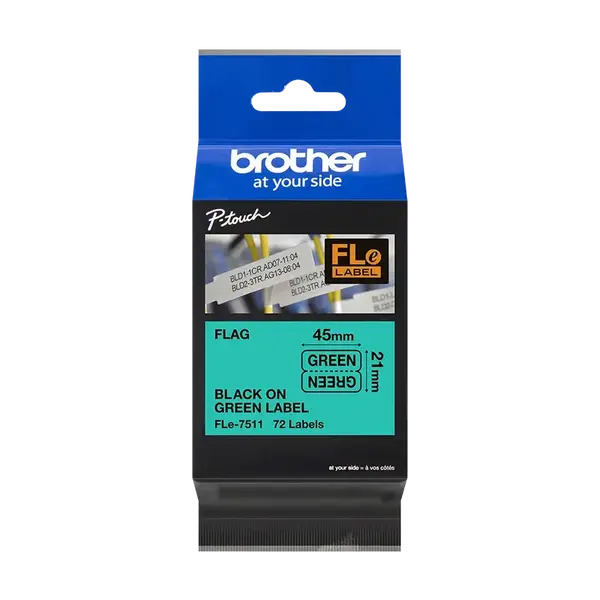 Brother FLE-7511 Pro Tape, 21mm x 45 mm, černý tisk/zelený podklad, 72ks, originální páska