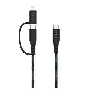 Dlouhý nabíjecí a datový opletený kabel FIXED, USB-C/USB-C a Lightning adaptér, PD, 1,2m, MFi, PD 60W, šedá