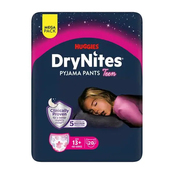 HUGGIES® Kalhotky plenkové jednorázové DryNites MEGA 48-60 kg Girl, 20 ks, XL