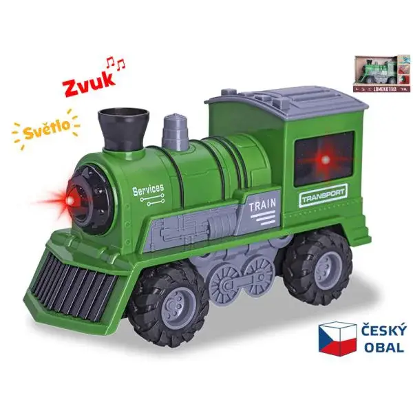 Lokomotiva zelená 22,5 cm 1:16 na setrvačník na baterie se světlem a zvukem