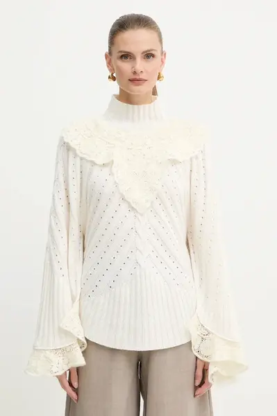 Svetr s příměsí vlny Twinset béžová barva, s pologolfem, 252TS3353