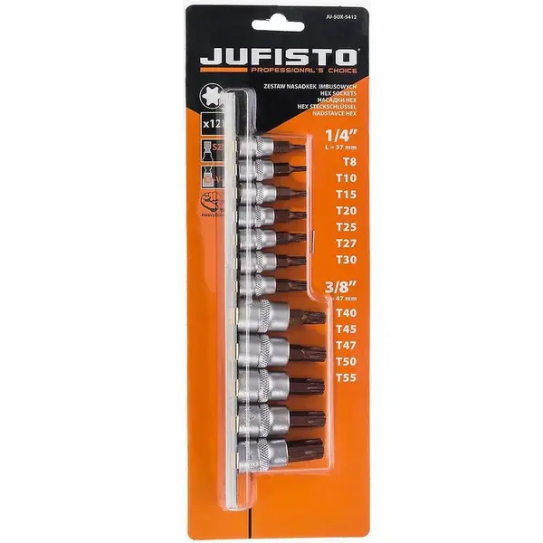 Súprava bitov Torx, 1/4˝, 35 mm T 8/10/15/20/25/27/30, 3/8˝, 50 mm T 40/45/ 47/50/55, 9 ks, Jufisto