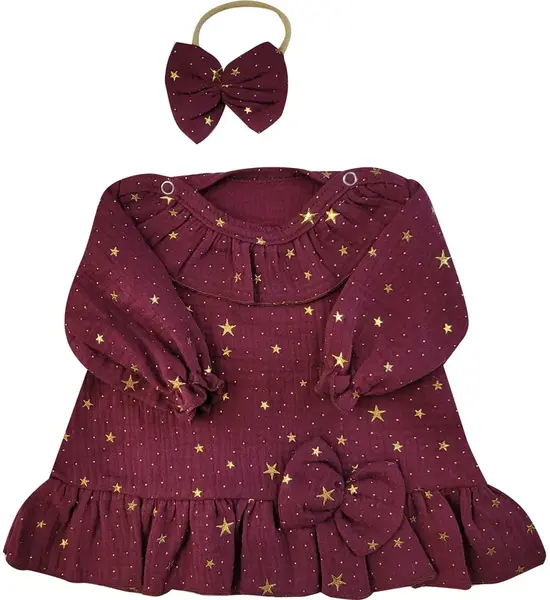 Z&Z Mušelínové šatičky s hvězdičkami + čelenka, bordó vel.  68