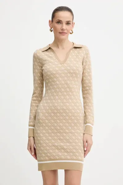 Šaty z vlněné směsi Guess AUBREY béžová barva, mini, přiléhavé, W5BK25 Z3JD2