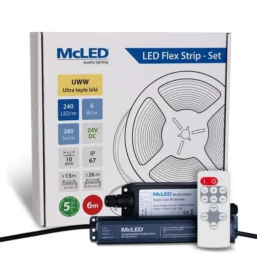 McLED LED páska - sada 6 m + Prijímač Nano IP67, 240 LED/m, UWW, 6 W/m, DC 24V, 380 lm/m, CRI90, IP67, 10 mm, vodič 3 m ML-126.036.90.S06002