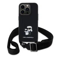 Zadní kryt Karl Lagerfeld Saffiano Crossbody popruh Metal Karl and Choupette pro Apple iPhone 15 Pro, černá