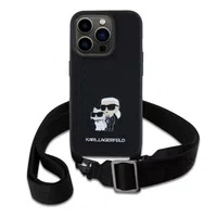 Zadní kryt Karl Lagerfeld Saffiano Crossbody popruh Metal Karl and Choupette pro Apple iPhone 15 Pro, černá