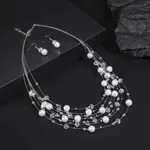 Alloy & Resin & Plastic Pearl Round Beaded Multilayer Necklace & Dangle Earring Sets