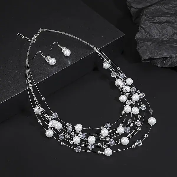 Alloy & Resin & Plastic Pearl Round Beaded Multilayer Necklace & Dangle Earring Sets