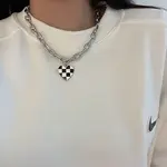 Black and White Checkered Heart Alloy Enamel Pendant Necklaces for Women