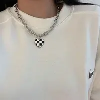 Black and White Checkered Heart Alloy Enamel Pendant Necklaces for Women