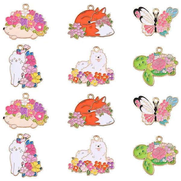 24Pcs 6 Styles Animal Flower Alloy Enamel Pendants