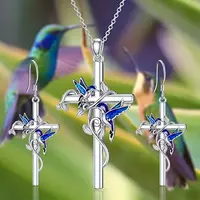 Cross with Bird Alloy Enamel Pendant Necklaces & Dangle Earrings Sets